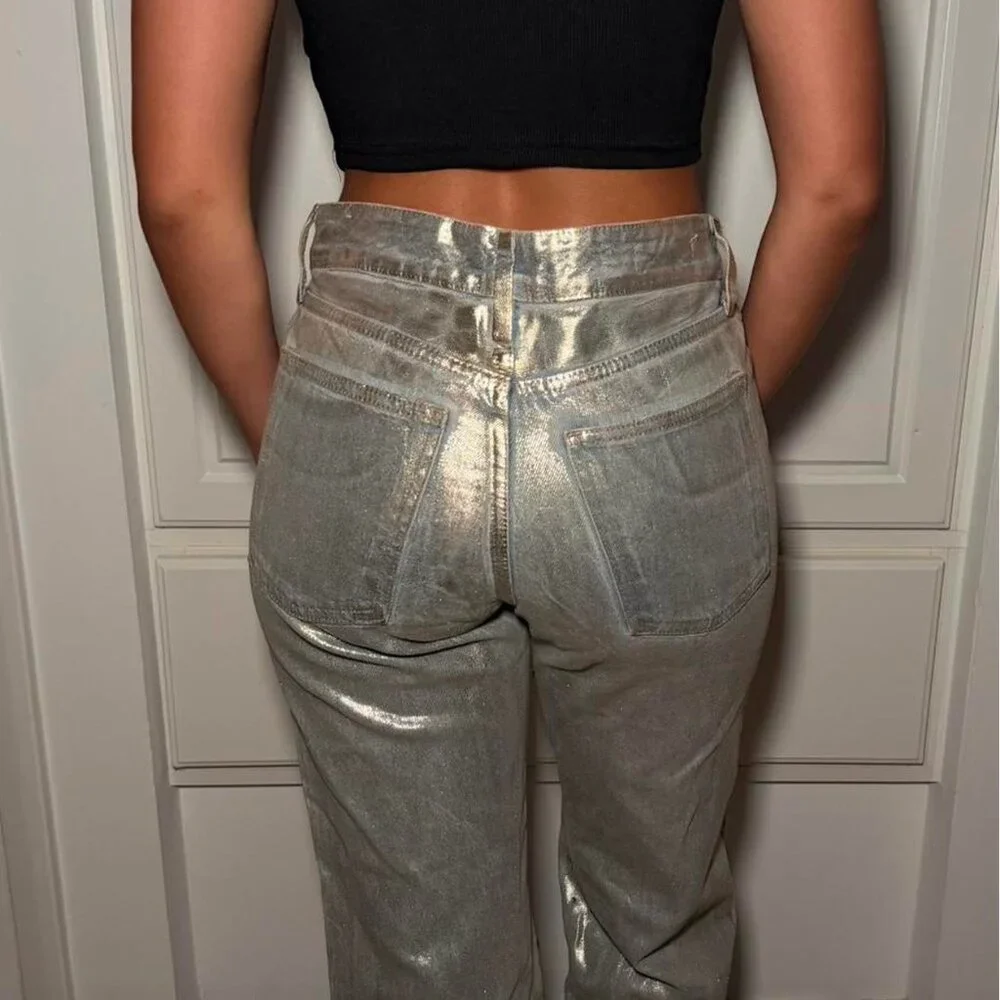 ZARA Gold Metallic Foil High Rise Straight Leg Jeans US 4 EU 36 Ref 6045/217 - Picture 11 of 11